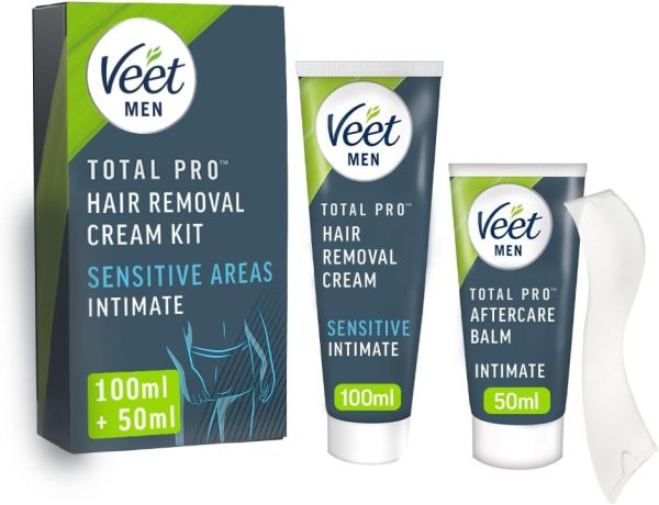 Veet Men Intimate Hair Removal Kit, with Aftercare Balm, Sensitive, 100 ml + 50 ml, 1 Spatula, No Risk of Cuts, 7 Days of Smoothness, Dermatologically Tested, 24 Hour...